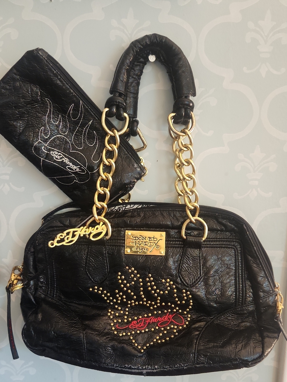 Ed Hardy Black Shoulder Bag with Gold Chain Handles